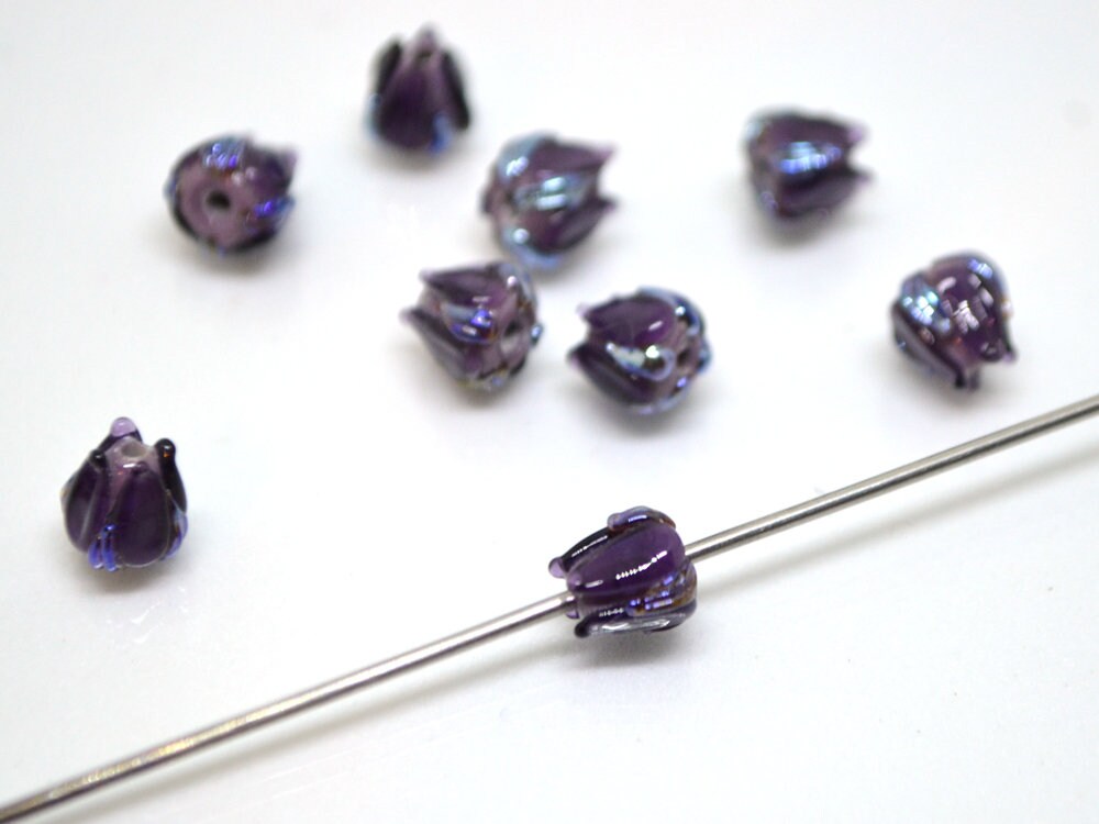 Dark purple small lampwork beads, purple silver flower beads, Tiny glass beads, 7mm flower beads, Artisan lampwork