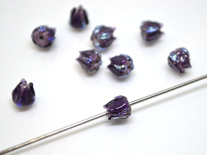 Dark purple small lampwork beads, purple silver flower beads, Tiny glass beads, 7mm flower beads, Artisan lampwork