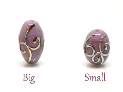 Purple glass lampwork oval beads with silver swirl texture lavender earrings beads, rhombus beads, oval glass beads, handmade glass beads