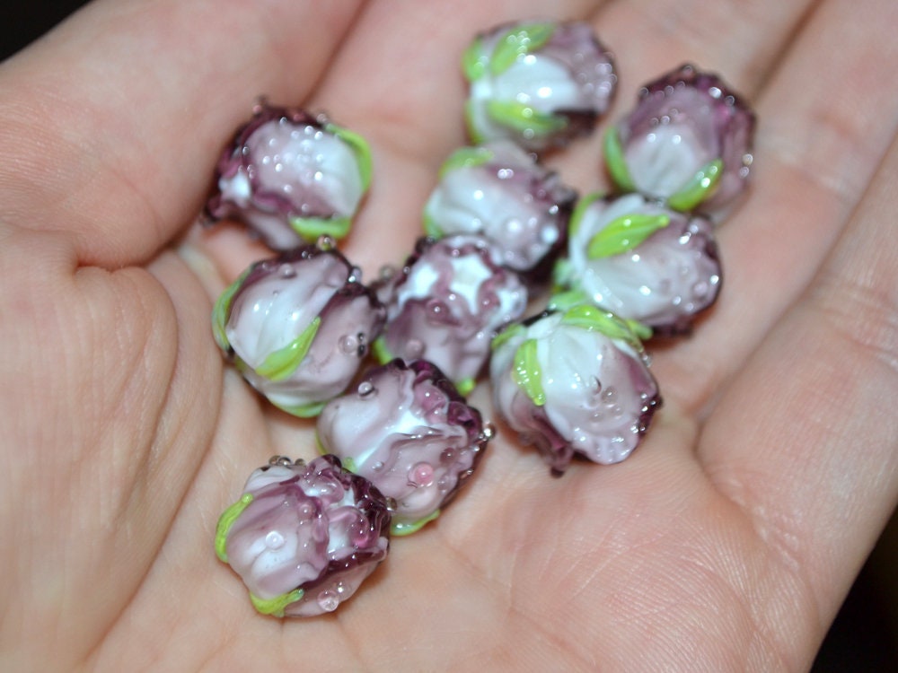 Amethyst white rosebud beads, Lilac floral lampwork, Lilac glass beads, DIY Jewelry, Flower glass beads, Flower Jewelry, Made for order