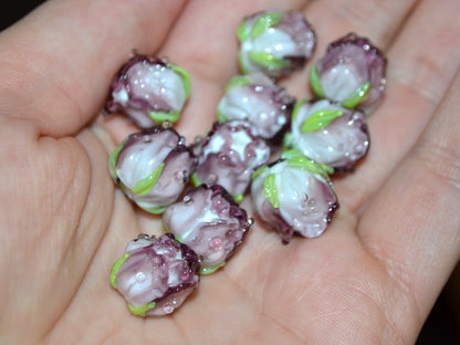 Amethyst white rosebud beads, Lilac floral lampwork, Lilac glass beads, DIY Jewelry, Flower glass beads, Flower Jewelry, Made for order