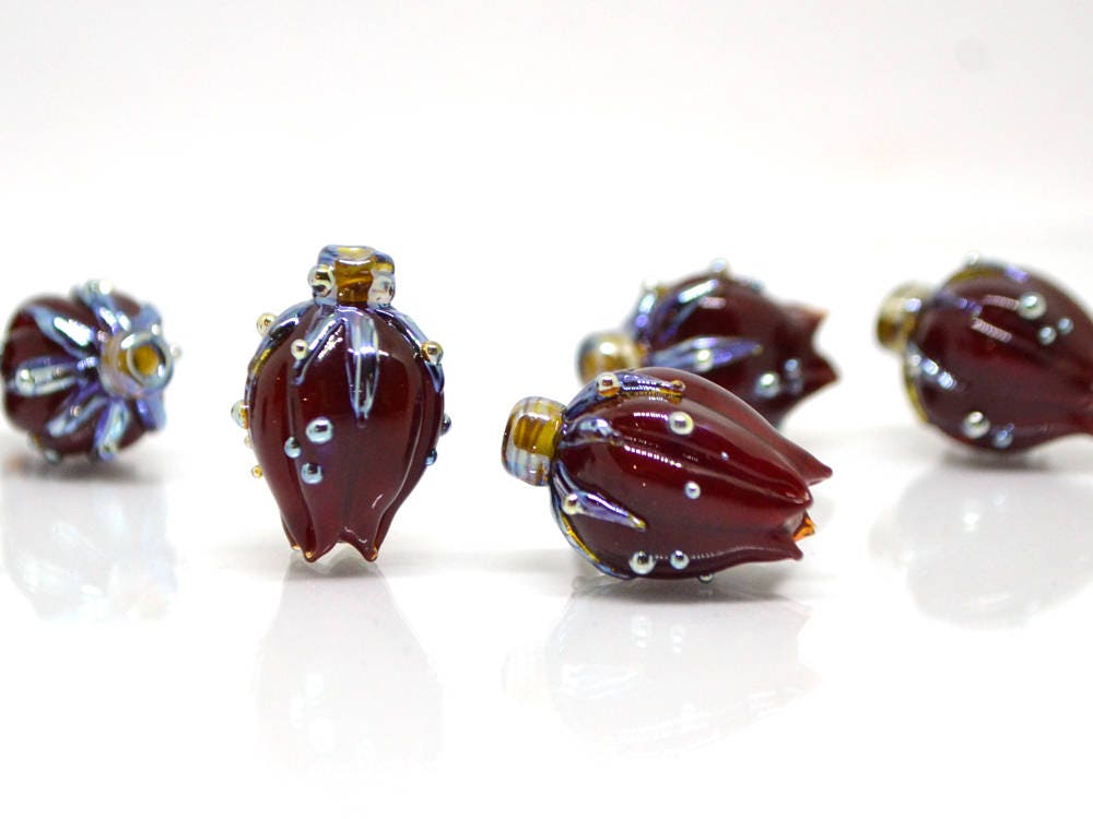 bordeaux red glass flower beads lampwork handmade beads artisan lampwork flower bead sculpture flower focal bead dark red brutalist jewelry