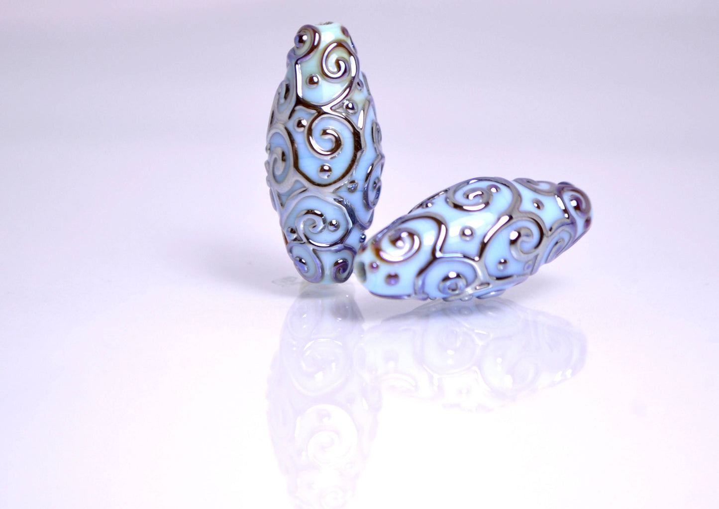 sky blue lampwork handmade bead oval swirl jewelry making artisan heavenly set silver mirror texture pendant curl rhombus wedding angelical