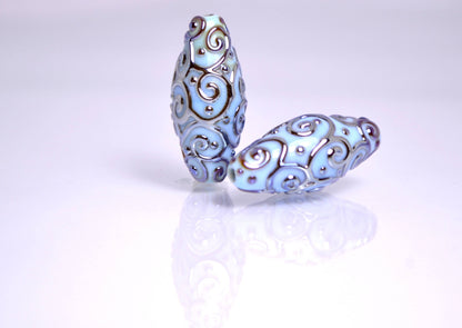 sky blue lampwork handmade bead oval swirl jewelry making artisan heavenly set silver mirror texture pendant curl rhombus wedding angelical