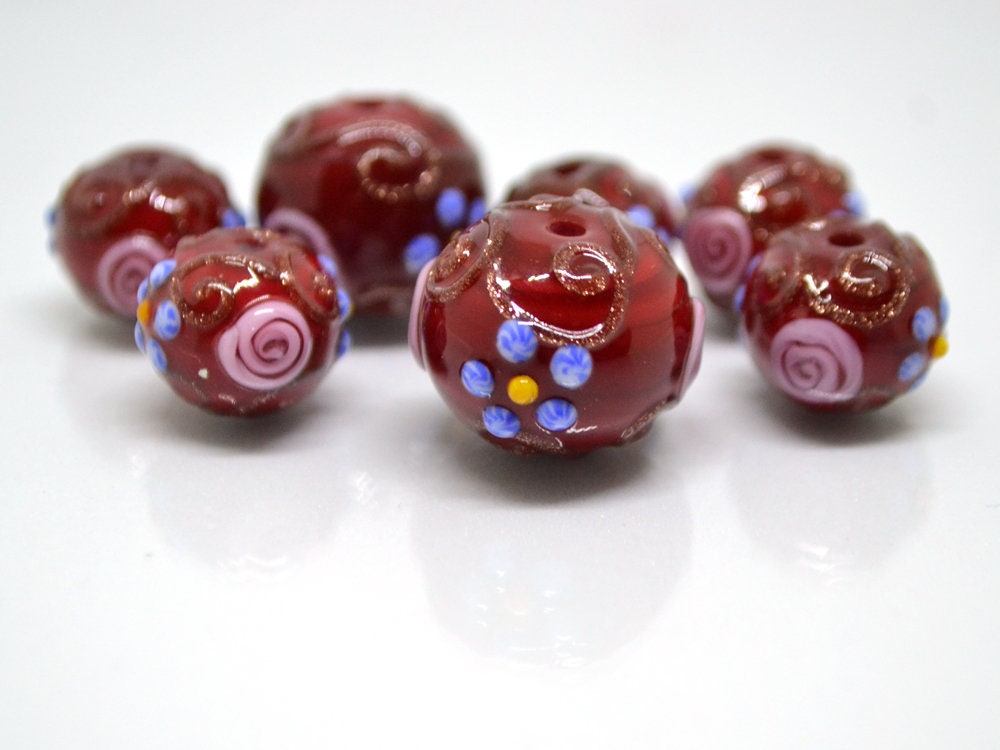 Murano glass red beads with blue pink flowers, Italian glass beads, Red glass beads, Venetian glass, Unusual beads, Bordeaux, vintage bead