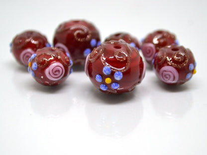 Murano glass red beads with blue pink flowers, Italian glass beads, Red glass beads, Venetian glass, Unusual beads, Bordeaux, vintage bead