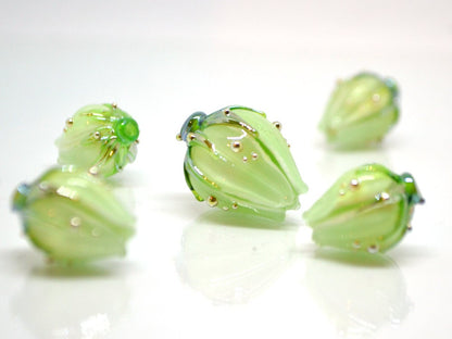 Mint green lampwork flower beads, Handmade lampwork beads, Floral glass pendant, Fresh green glass beads