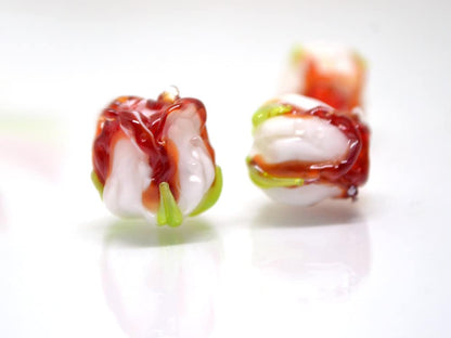 Red white rosebud beads, Red floral lampwork, Lampwork Earrings DIY, Glass rose beads, Spring lampwork, SRA beads, Lampwork pair
