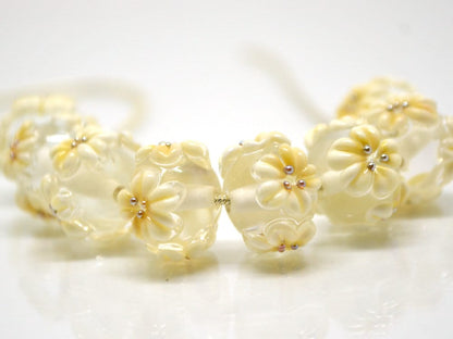 Ivory floral lampwork glass beads, Ivory flowers on transparent beads, Rondelle beads, Wedding bracelet, Jewelry making, Artisan lampwork