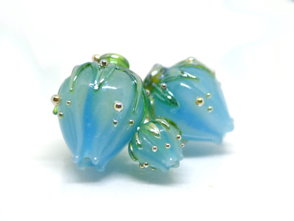 Powder blue glass beads, Handmade glass beads, Lampwork flower beads, Light Blue beads, Pale blue beads, Blue jewelry making,Blue flower bud