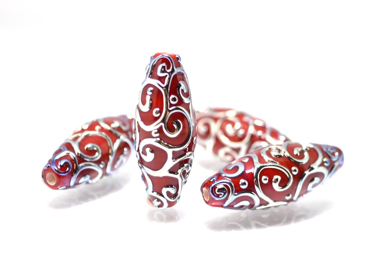 red silver lampwork beads artisan lampwork lampwork beads set rhombus oval textured mirror beads jewelry making bright deep red silver glass