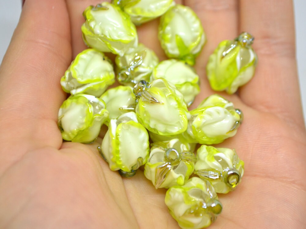 Light green glass beads, Lampwork floral beads, Salad green beads, White green glass beads, Beads for earrings, Artisan lampwork, bud beads
