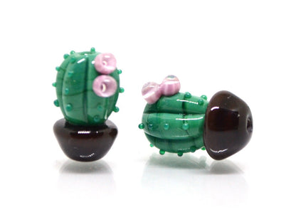 Glass cactus beads with pink flower, Dessert plants, Cactus flower in a pot pendant, Succulent beads