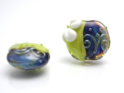 Chamomile lampwork pendant Lentils glass beads Light chrome green pendant Denim blue lampwork Curles beads Artisan lamwork Flower beads