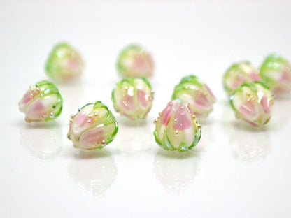 Pink milk glass beads, 10mm flower beads, Two tone beads, Floral theme beads, Floral lampwork, Artisan lampwork, bud green leaf, Jewelry