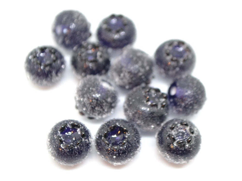 Dark purple glass berries, Frost berry beads, Lampwork blueberry, Purple berry, Glass fruits