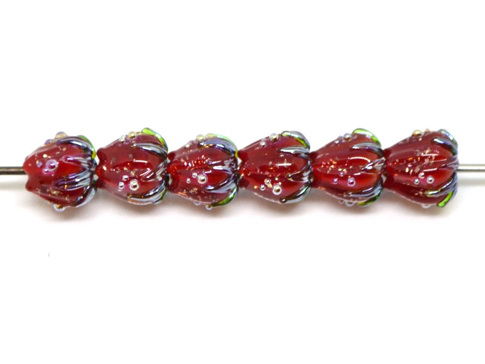 Bright red sparkle flower beads with silver dots, Floral lampwork, 10mm glass beads