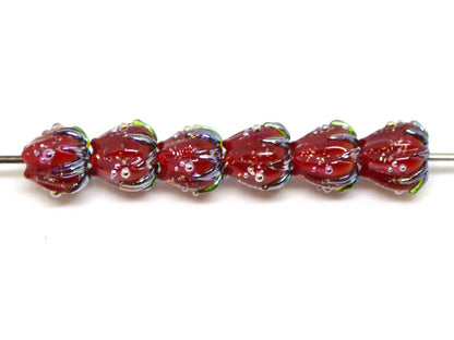 Bright red sparkle flower beads with silver dots, Floral lampwork, 10mm glass beads