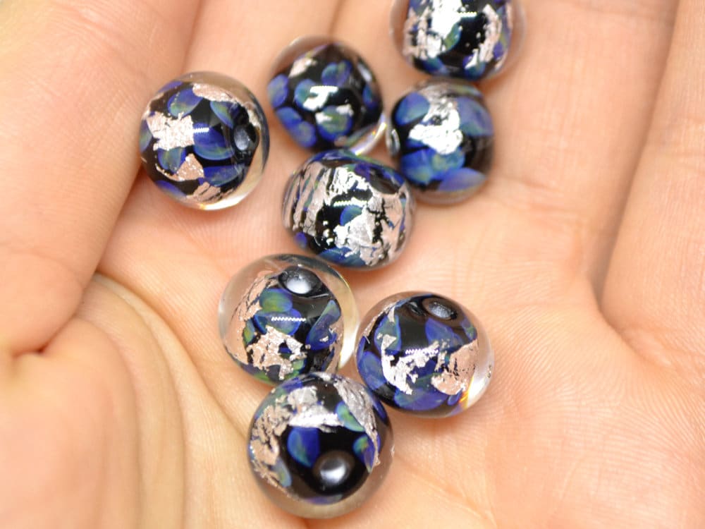 Black silver foil lampwork beads, Handmade glass beads, Artisan Lampwork, Art beads, rondelle beads