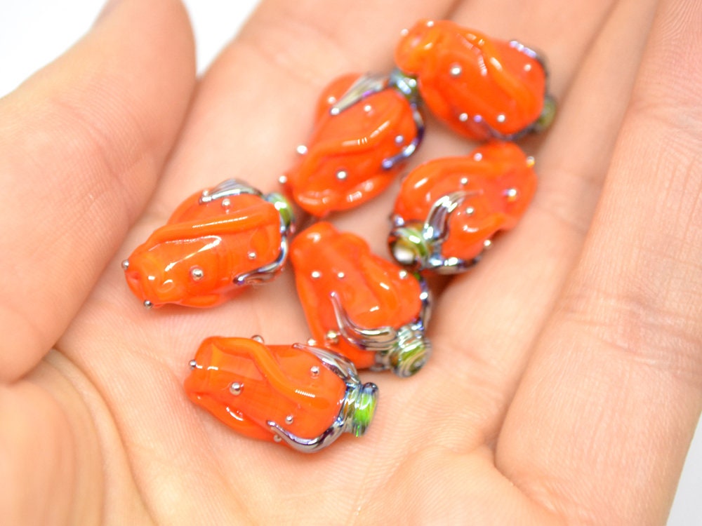 Orange silver twisted rosebud  beads, Flower lampwork bead, SRA beads, Bright colors