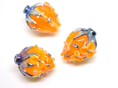 Light Orange flower bouquet lampwork beads, Honey yellow lampwork beads, SRA beads, Floral lampwork