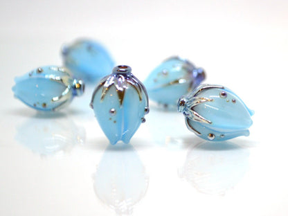 Handmade glass sky blue flower beads|Light Blue Silver|Glass pendant|Flower bud bead|Floral lampwork|Something blue|Wedding jewelry making