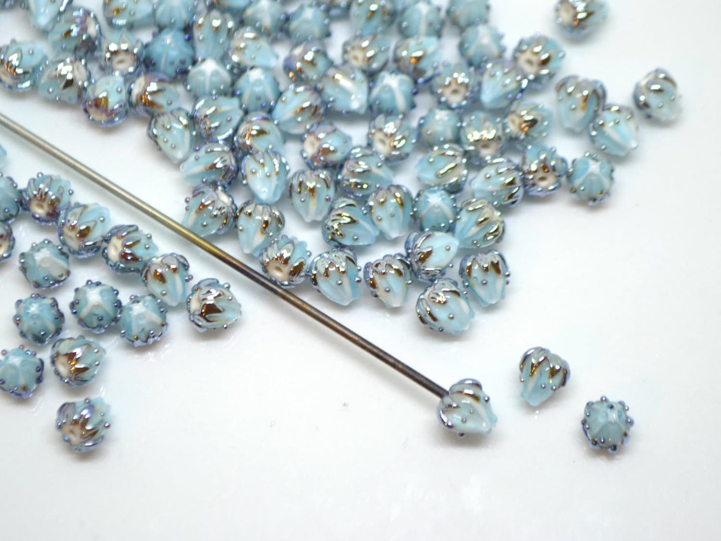 Very small 7mm pale blue and silver flower glass beads, Tiny flower beads,  Half drilled beads, Drilled Flowers