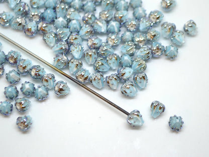 Very small 7mm pale blue and silver flower glass beads, Tiny flower beads,  Half drilled beads, Drilled Flowers