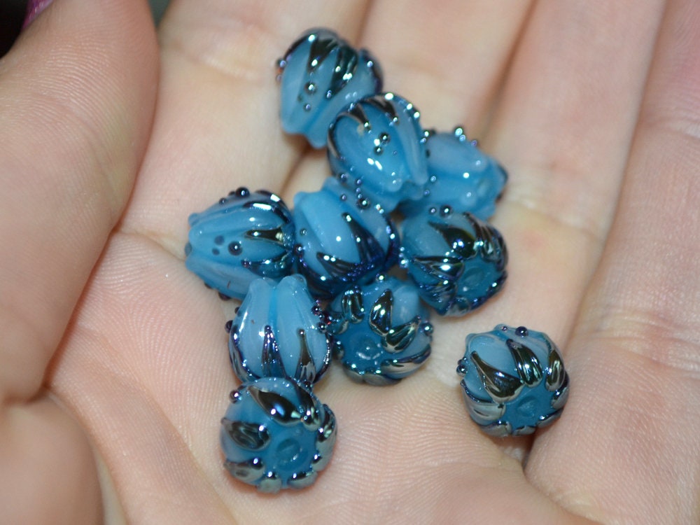 Pastel blue flower beads silver, 10mm glass beads, Flower lampwork bead, Floral lampwork, Artisan lampwork, Beads for Jewelry supplies, Bead