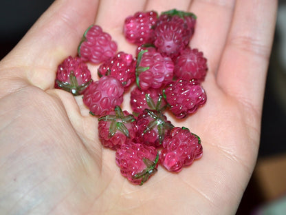 Bright pink lampwork raspberry, Frost glass berries, Lampwork raspberries, Berry fruit beads, Glass Raspberry