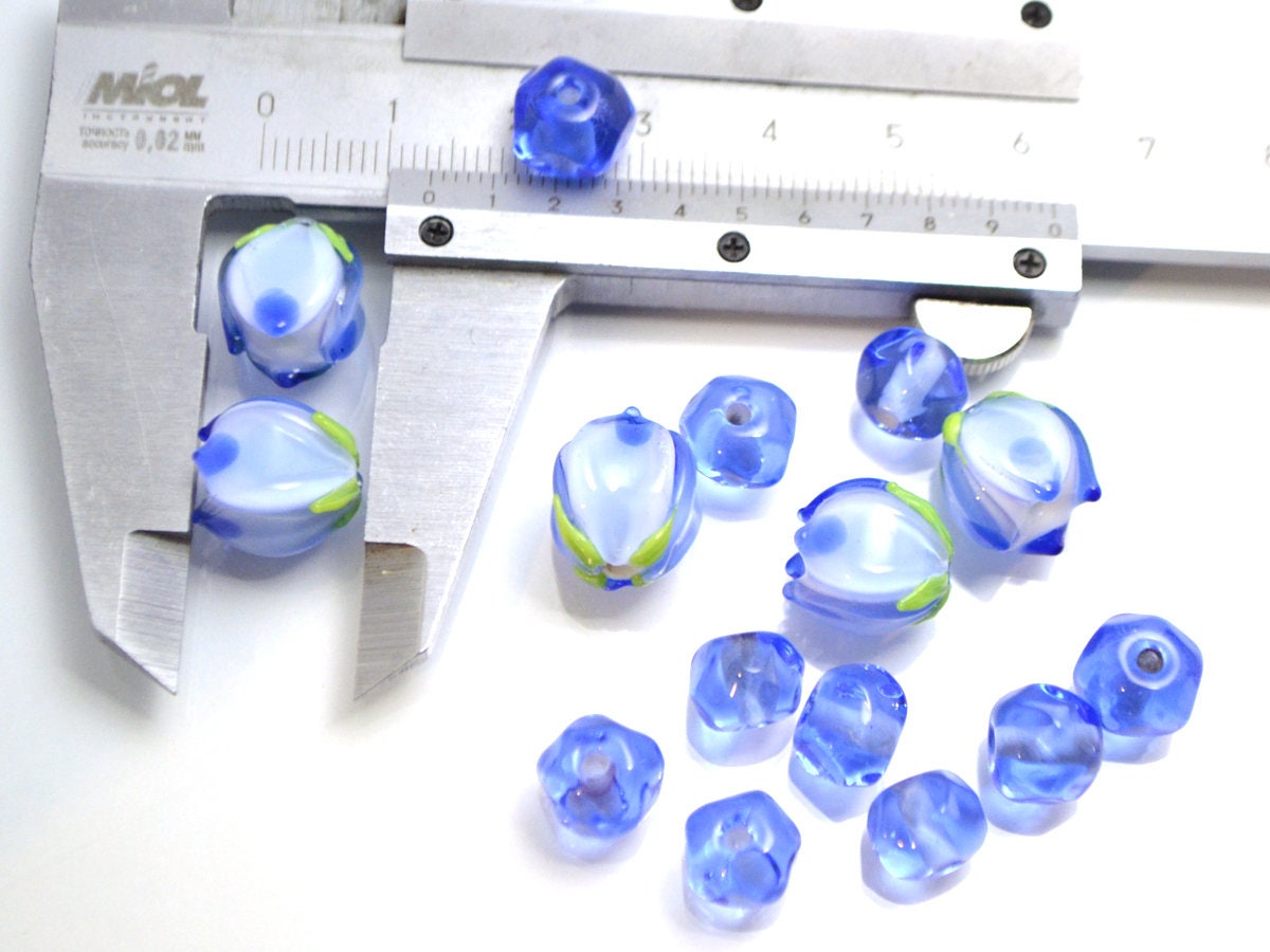 blue flower lampwork bead Tender floral glass bud Spring spot bead jewelry making Artisan lampwork Blue white set Small light blue spacer