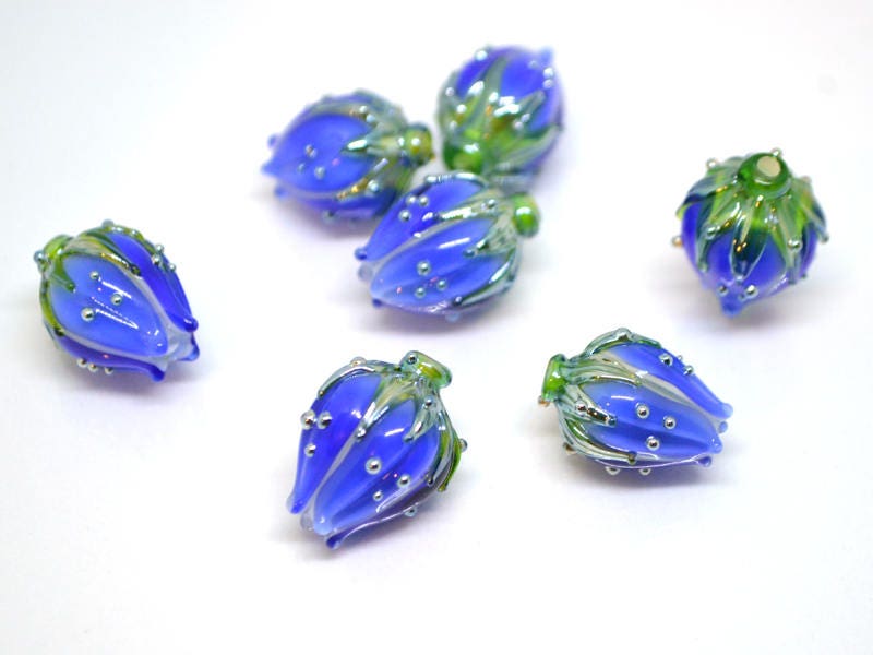 cobalt blue glass flower beads for jewelry blue flower earrings blue lampwork beads blue flower bud handmade beads earrings pair cobalt blue