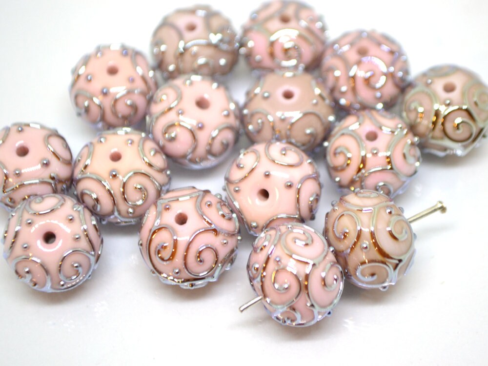 Pale pink beads with silver curls, Handmade glass beads, Artisan lampwork Set, SRA beads, Round beads, Jewelry making, Beads set