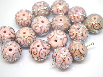 Pale pink beads with silver curls, Handmade glass beads, Artisan lampwork Set, SRA beads, Round beads, Jewelry making, Beads set
