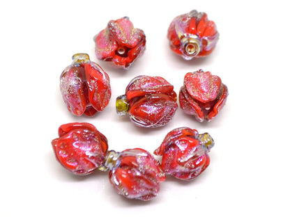 Scarlet red rose bud beads, Glitter Lampwork Bead, Stardust Flower lampwork beads, Sparkling beads, Glitter beads