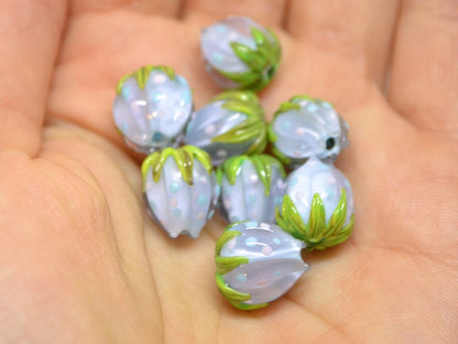 Pastel blue flower beads with colorful dots, Floral glass beads with green leaves, 12mm flower beads, Easter, Artisan lampwork