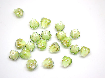 Mint green flower beads with gold leaves, Small glass beads, 7mm flower beads, Tiny lampwork beads