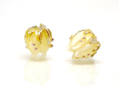 White flower beads with gold leaves, Tiny glass beads, 7mm flower beads, Small lampwork beads