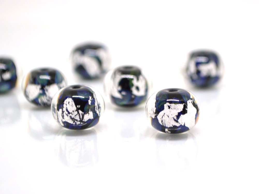 Black silver foil lampwork beads, Handmade glass beads, Artisan Lampwork, Art beads, rondelle beads