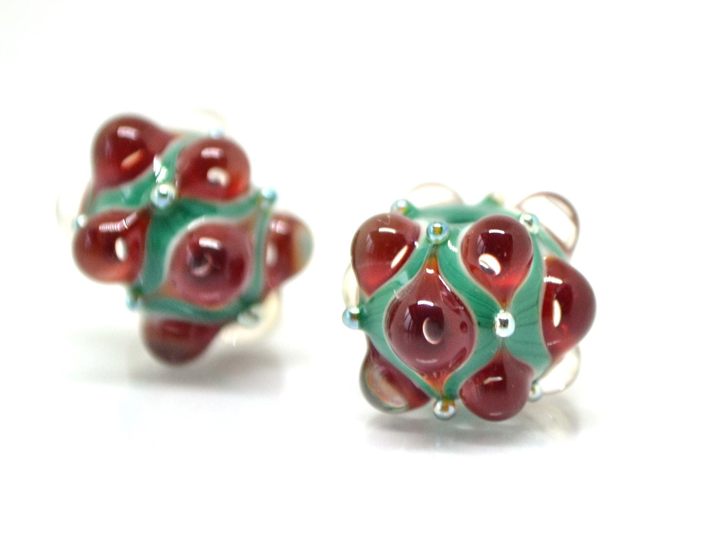 Red Green Lampwork bead, Red dots glass beads, Green lampwork beads, Rondelle beads with dots, Artisan lampwork, Handmade bead