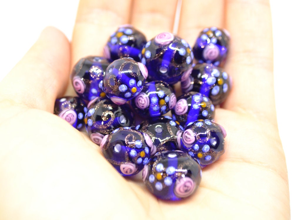 Cobalt Venetian Glass beads, Ethnic glass beads, Vintage bead jewelry, Glass murano beads, Dark blue beads, Beads for eariings,Lampwork bead