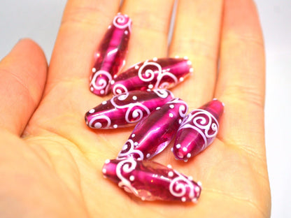 rhombus glass lampwork beads artisan lampwork set beads for jewelry oval glass beads rubina pink glass beads curls beads pink and white