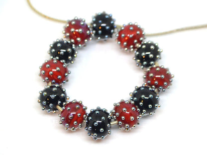 Red black handmade glass beads with silver dots, Artisan lampwork, Beads for bracelet, beads pimples