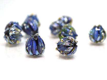 Blue black flower glass beads, Artisan lampwork floral beads, 10mm flower beads, space beads, Floral lampwork, Black flower blue silver