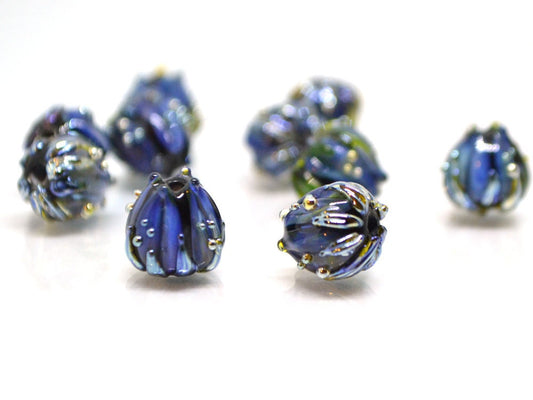 Blue black flower glass beads, Artisan lampwork floral beads, 10mm flower beads, space beads, Floral lampwork, Black flower blue silver