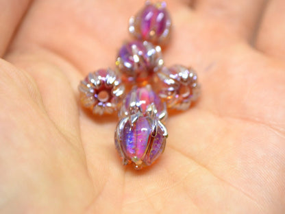 Ruby rose silver flower beads, Lampwork flower, 10mm flower beads, Glass flower, Floral lampwork, Artisan lampwork, netting silver pink