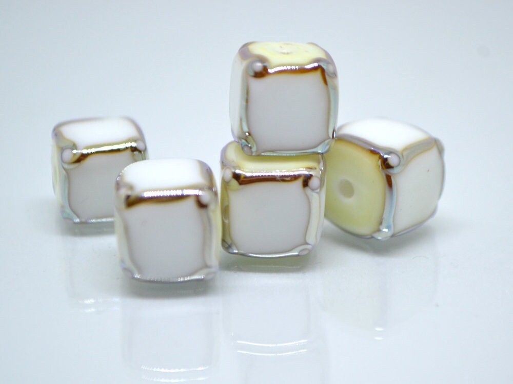 White silver square beads, White cube beads, White spacer beads, White lampwork beads, Geometric beads, cube beads 10mm, Artisan lampwork