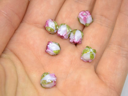 Pink white 8mm rosebud beads with green leaves, Pink Floral beads, Lampwork Rose beads, Flower glass beads, Flower Earrings,Artisan Lampwork