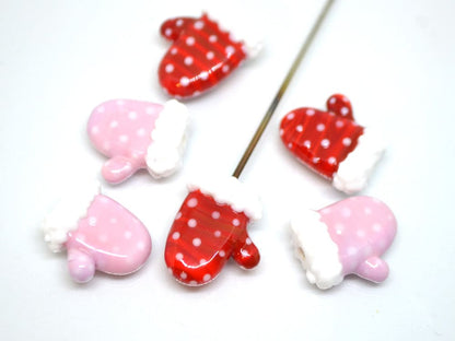 Lampwork mitten bead, Pink Red glass mitten bead, Christmas lampwork