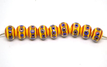 Yellow glass beads, red srtipes, Yellow lampwork beads, Rondelle glass beads, Blue dots, devil eye beads, Handmade beads